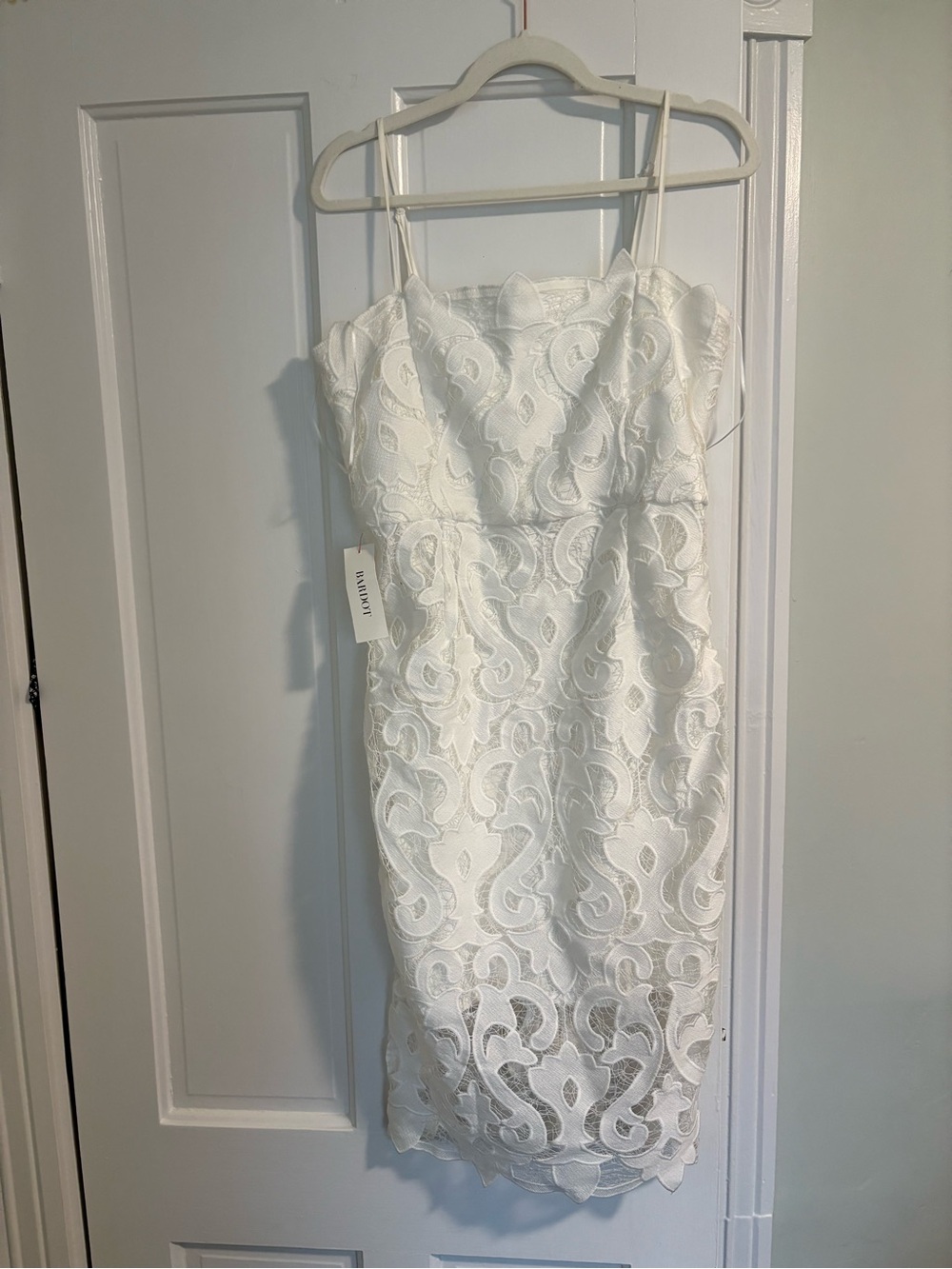 Bardot White Lace Sheath Dress with Scalloped Trim